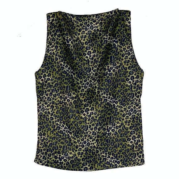 Vintage Tops - Vintage Edgy Chic Leopard High Neck Sleeveless Soft Stretchy Statement Top Green